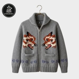 Everjacket Men's Wolf Nordic Zip-Up Wool Blend Cardigan Sweater - Grey